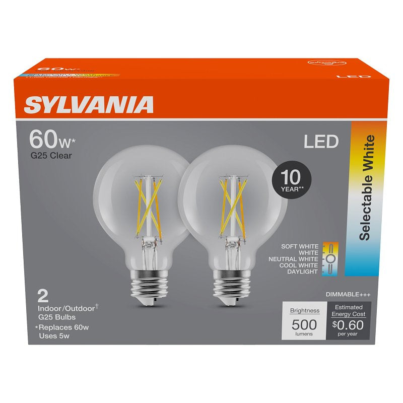 Sylvania Contractor Series 42592 LED Bulb, G25 Lamp, 60 W Equivalent, E26 Lamp Base, Dimmable, Clear