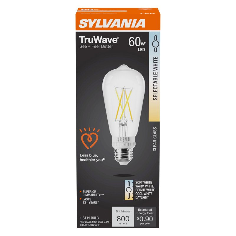Sylvania TruWave 42272 LED Bulb, 5CCT Selectable, ST19 Lamp, 60 W Equivalent, E26 Medium Lamp Base, Dimmable, Clear