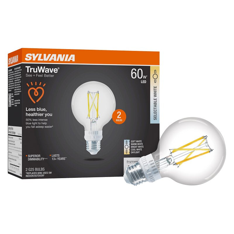 Sylvania TruWave 42271 LED Bulb, 5CCT Selectable, G25 Lamp, 60 W Equivalent, E26 Medium Lamp Base, Dimmable, Clear
