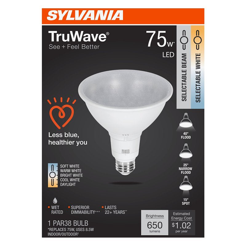 Sylvania TruWave 42286 LED Bulb, 5CCT Selectable, PAR38 Lamp, 75 W Equivalent, E26 Medium Lamp Base, Dimmable, Pack of 4