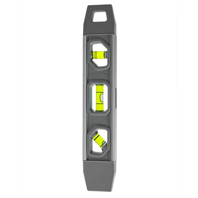 Johnson 1405-0900 Torpedo Level, 9 in L, 3-Vial, Magnetic, Aluminum/Rubber, Gray