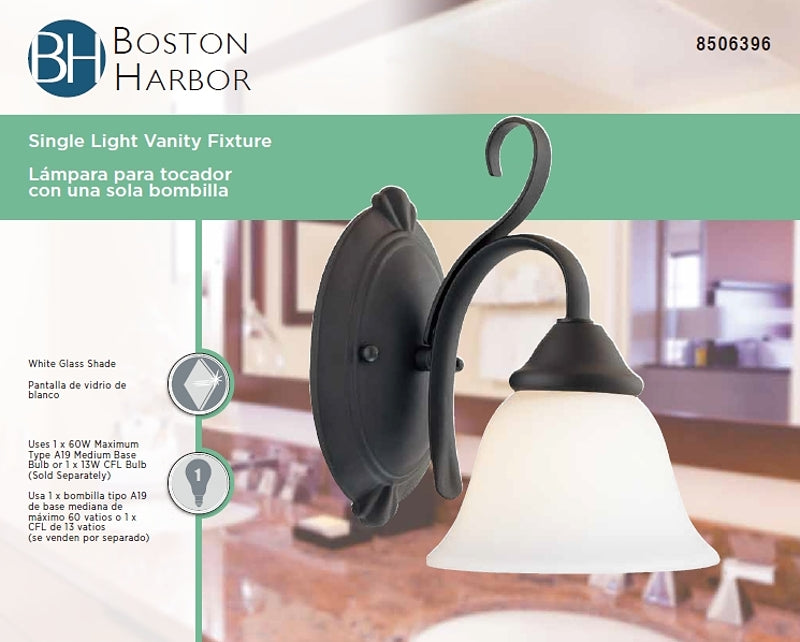 Boston Harbor F3-1W-3L Single Light Vanity Fixture, 60 W, 120 V, CFL, Steel, Matte Black