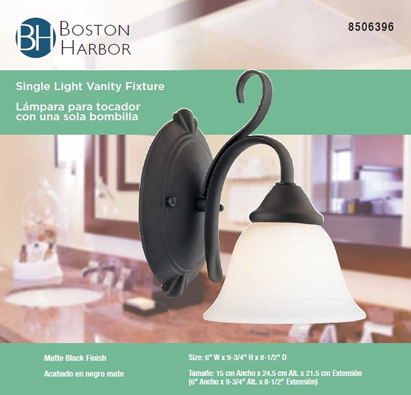 Boston Harbor F3-1W-3L Single Light Vanity Fixture, 60 W, 120 V, CFL, Steel, Matte Black