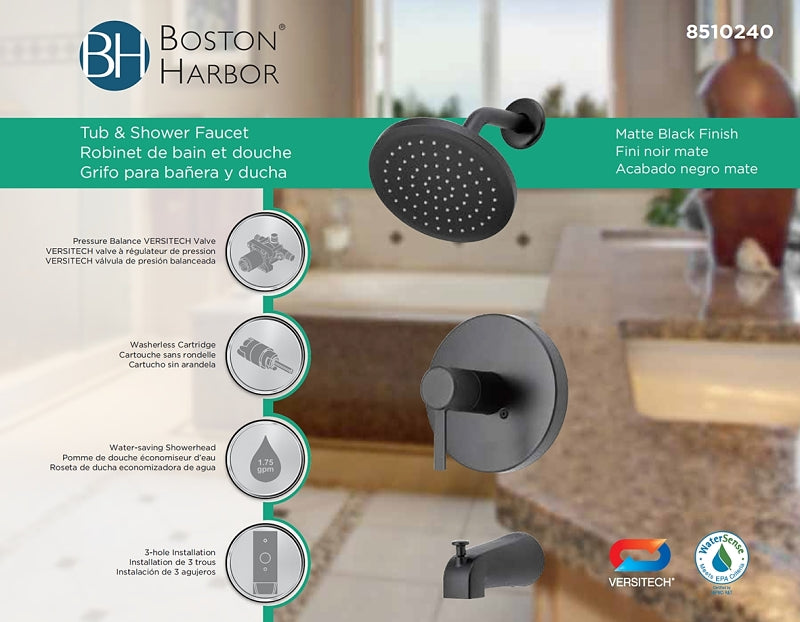Boston Harbor F1A1F507BL Faucet, 1.75 gpm Showerhead, 1-Spray Setting, Zinc Tub Tub Spout, 1-Handle, Brass/Metal/Zinc