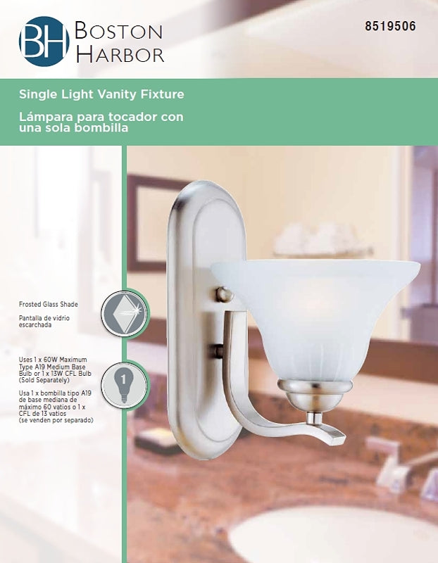 Boston Harbor 1571-1W-3L Single Light Vanity Fixture, 60 W, 120 V, A19 or CFL, Steel, Brushed Nickel