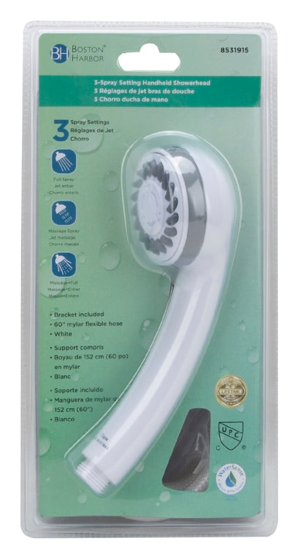 Boston Harbor DS3068WH Hand-Held Shower Head, 1.75 (6.6) 80 gpm (L/MIN) psi, 1/2-14 NPT Connection, Threaded, PVC