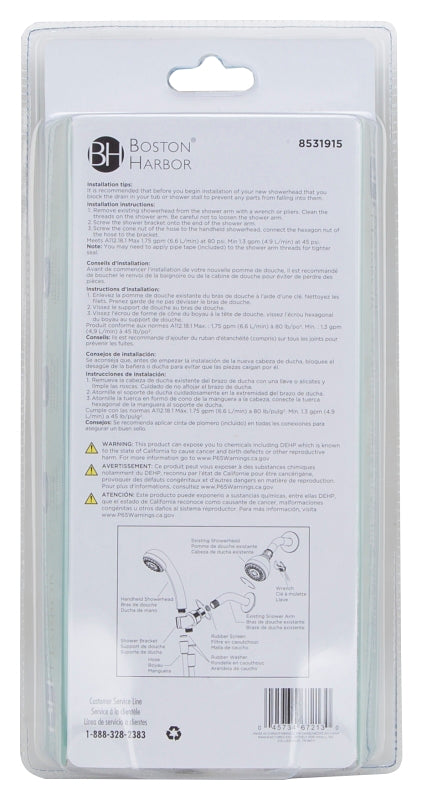 Boston Harbor DS3068WH Hand-Held Shower Head, 1.75 (6.6) 80 gpm (L/MIN) psi, 1/2-14 NPT Connection, Threaded, PVC