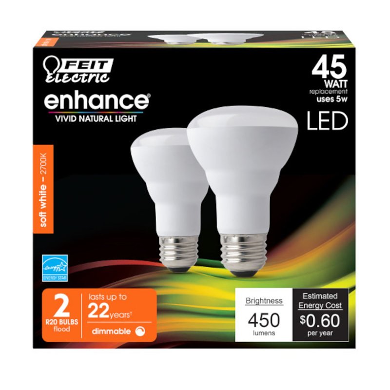 Feit Electric R20DM/927CA/2 LED Bulb, Flood/Spotlight, R20 Lamp, 45 W Equivalent, E26 Lamp Base, Dimmable