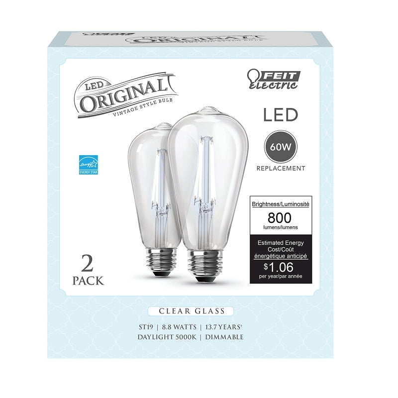Feit Electric ST1960/CL/950CA/2 Filament LED Bulb, ST19 Lamp, 60 W Equivalent, E26 Medium Lamp Base, Dimmable, Clear