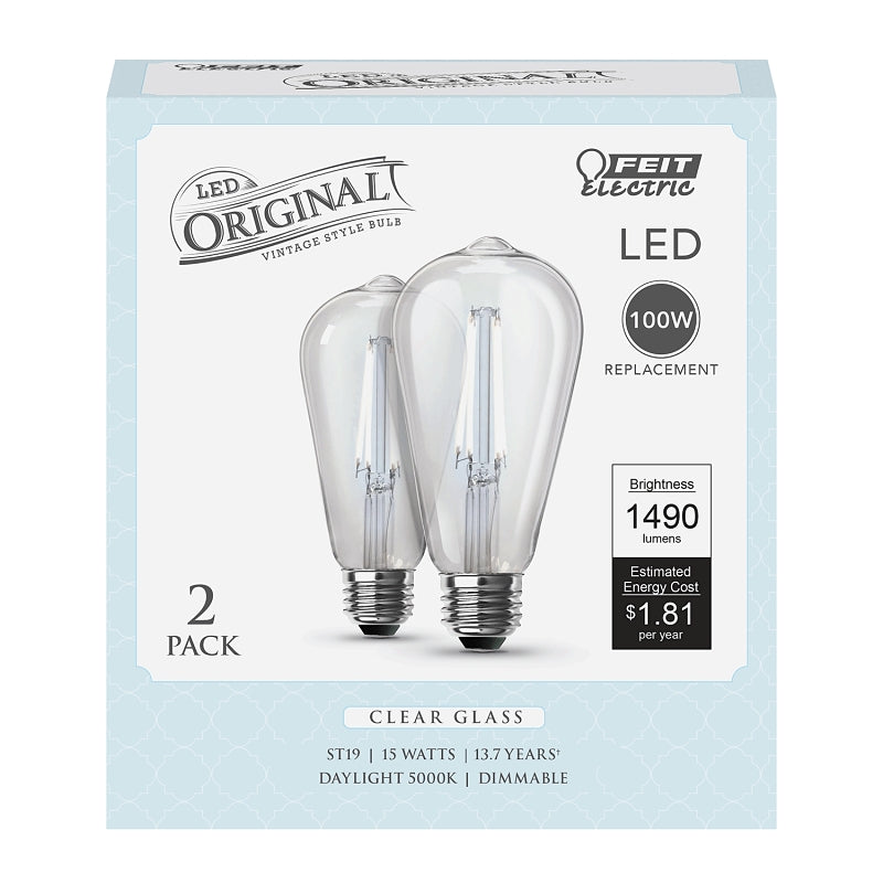 Feit Electric ST19100CL/950CA/2 Filament LED Bulb, Original Vintage, ST19 Lamp, 100 W Equivalent, E26 Medium Lamp Base