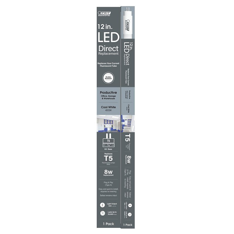 Feit Electric T512/840/LED Linear LED Tube, Direct Replacement, T5 Lamp, 8 W Equivalent, G5 Lamp Base, White