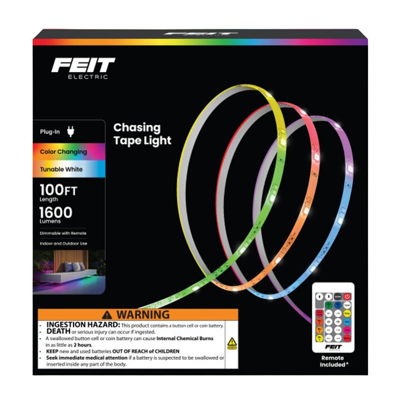 Feit Electric TAPE1200/CHASE Color Chasing and Tunable Tape Light, 100/240 V, 24 W, LED Lamp, RGB/Tunable White Light