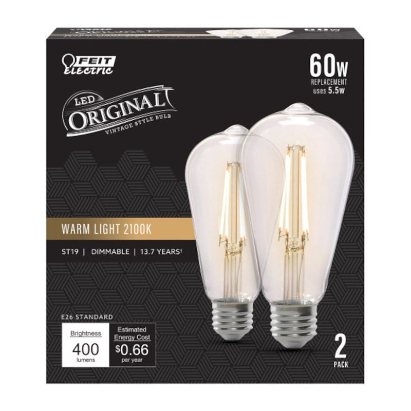 Feit Electric ST19/CL/VG/LED/2 LED Light Bulb, ST19 Lamp, 60 W Equivalent, E26 Medium Lamp Base, Dimmable, Amber/Clear
