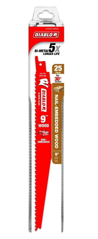 Diablo DS0912BW25 Reciprocating Saw Blade, 1 in W, 9 in L, 6, 12 TPI, Bi-Metal Cutting Edge