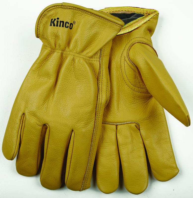 Heatkeep 98RL-M Gloves, Men's, M, 10-1/2 in L, Keystone Thumb, Easy-On Cuff, Cowhide Leather, Gold