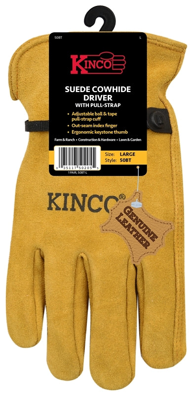 Kinco 50BT-XL Driver Gloves, Men's, XL, Keystone Thumb, Ball and Tape Cuff, Suede Cowhide Leather, Gold
