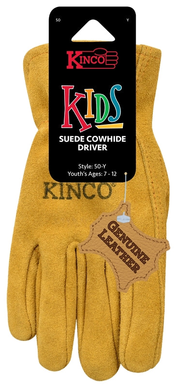 Kinco 50-KS Kid's Driver Gloves, S, Keystone Thumb, Easy-On Cuff, Suede Cowhide Leather, Gold