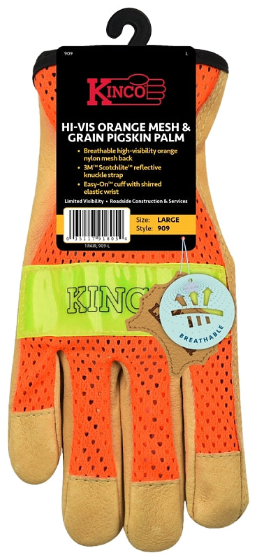 Kinco 909-L Gloves, Men's, L, Keystone Thumb, Easy-On, Shirred Elastic, Nylon/Polyester, Gold/Orange