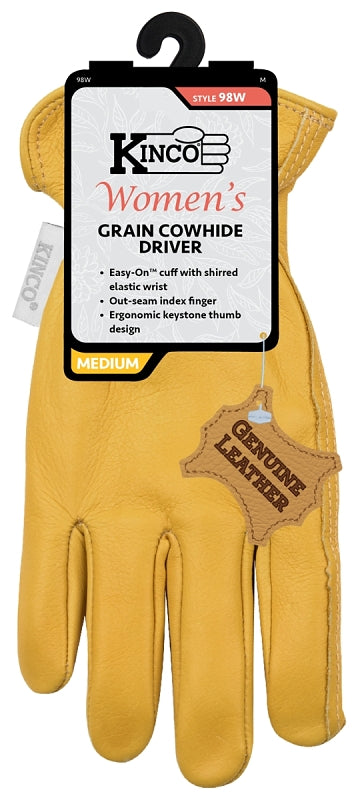 Kinco 98W-M Driver Gloves, Women's, M, Keystone Thumb, Easy-On, Shirred Elastic Cuff, Grain Cowhide Leather, Gold