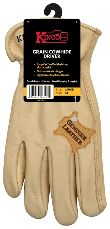 Kinco 98-XL Driver Gloves, Men's, XL, Keystone Thumb, Easy-On Cuff, Grain Cowhide Leather, Tan