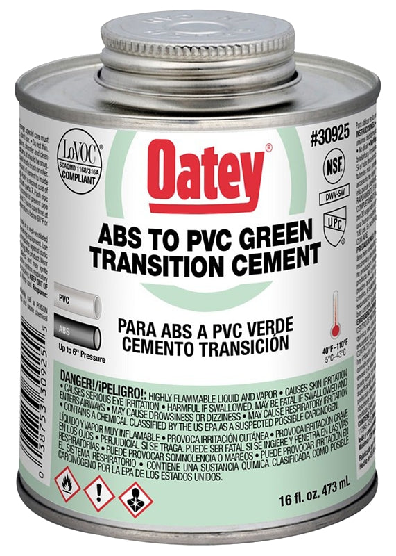 Oatey 30925 Medium-Bodied Transition Cement, 16 oz Can, Liquid, Green