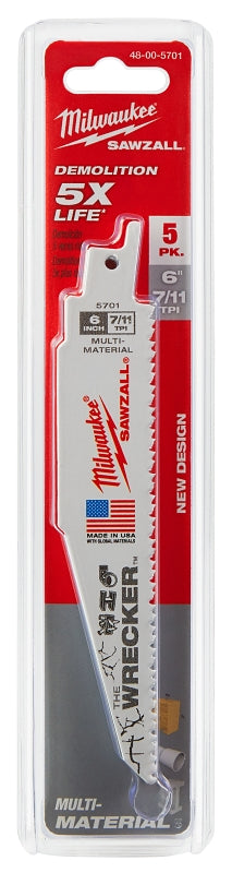 Milwaukee The WRECKER 48-00-5701 Reciprocating Saw Blade, 0.05 in W, 6 in L, 7/11 TPI, Bi-Metal Cutting Edge