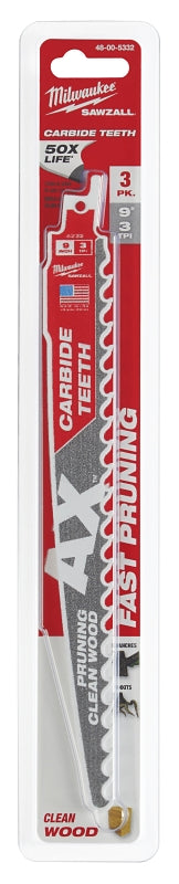 Milwaukee AX 48-00-5332 Pruning Blade, 9 in Blade, 3 TPI, Carbide Blade, For: Reciprocating Saws