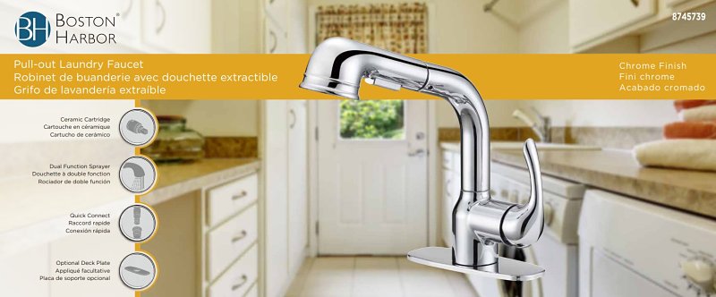 Boston Harbor 23PB002-034 Pull-Down Laundry Faucet, 1-Faucet Handle, 1-Faucet Hole, Chrome