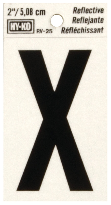 Hy-Ko RV-25/X Reflective Letter, 1-1/2 in W x 3 in H Dimensions, Character: X, 2 in H Character, Black Character, Vinyl, Pack of 10