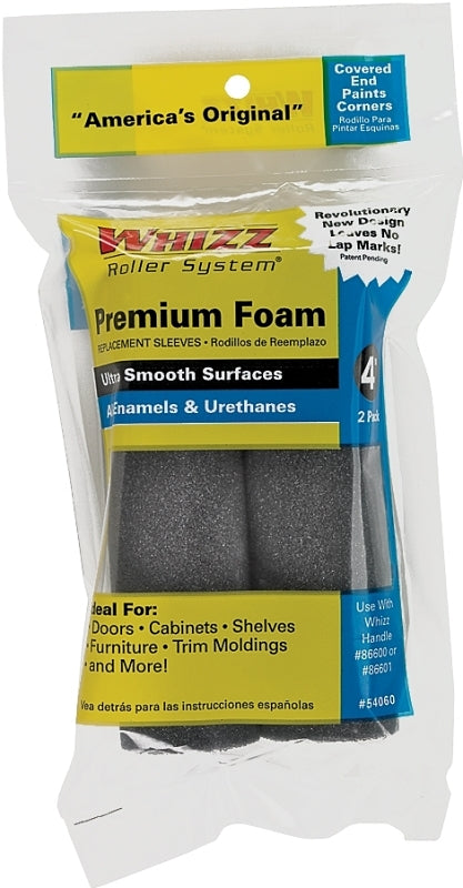 Whizz 54060 Mini Roller Cover, 1/4 in Thick Nap, 4 in L, Foam Cover, Black