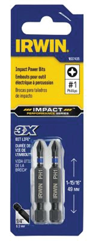 Irwin 1837435 Power Bit, #1 Drive, Phillips Drive, 1/4 in Shank, Hex Shank, 2 in L, High-Grade S2 Tool Steel, 2/PK