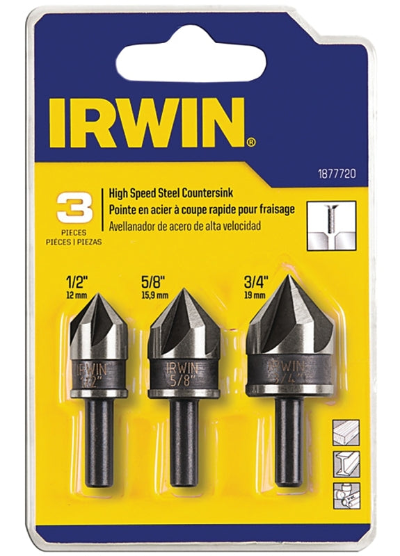 Irwin 1877720 Countersink Drill Bit, Specifications: 1/4 in Shank, HSS, Includes: 1/2, 5/8 and 3/4 in Countersink