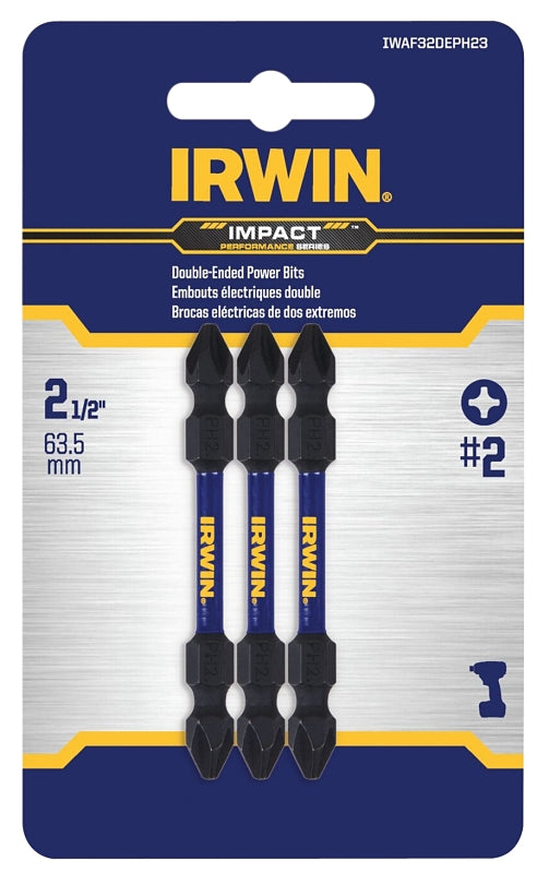 Irwin IWAF32DEPH23 Double End Bit Set, (3) #2 Phillips/#2 Phillips Drive, Phillips Drive, 1/4 in Shank, Hex Shank, Steel