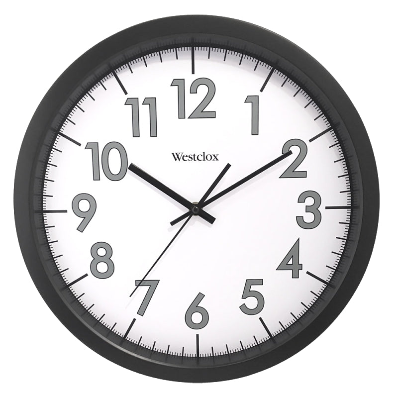 Westclox 32067 Clock, 14 in Dia, Round, Black Frame, Plastic Clock Face, Analog, Glass Lens
