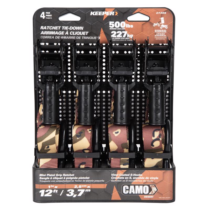 Keeper 1 in. W X 12 ft. L Camo Tie Down w/Ratchet 500 lb 4 pk