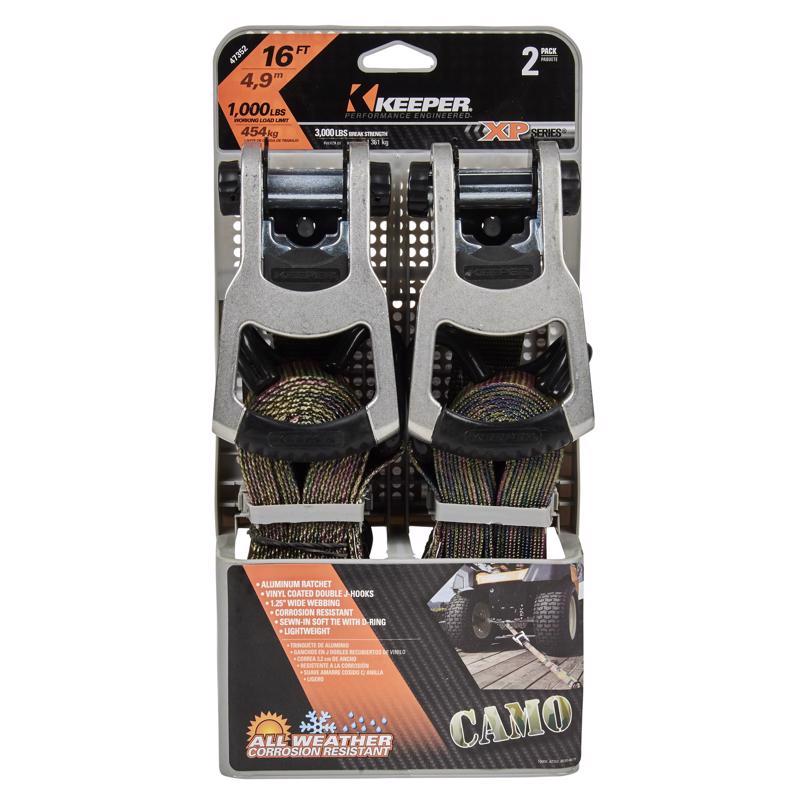 Keeper 1.25 in. W X 16 ft. L Camo Tie Down w/Ratchet 1000 lb 2 pk