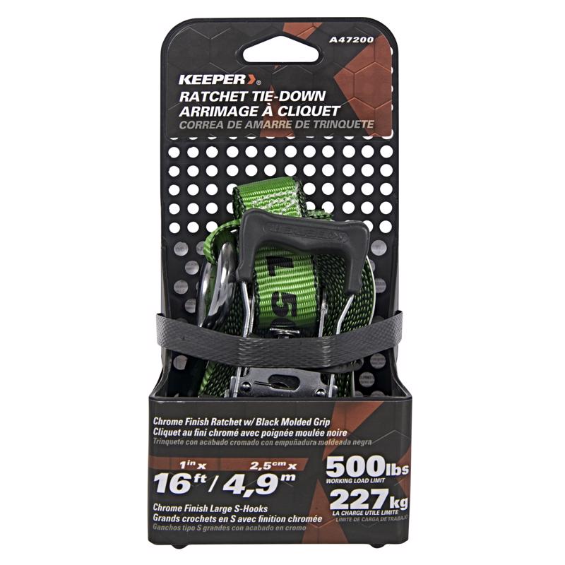Keeper 1 in. W X 16 ft. L Green Ratchet Tie Down Strap 500 lb 1 pk