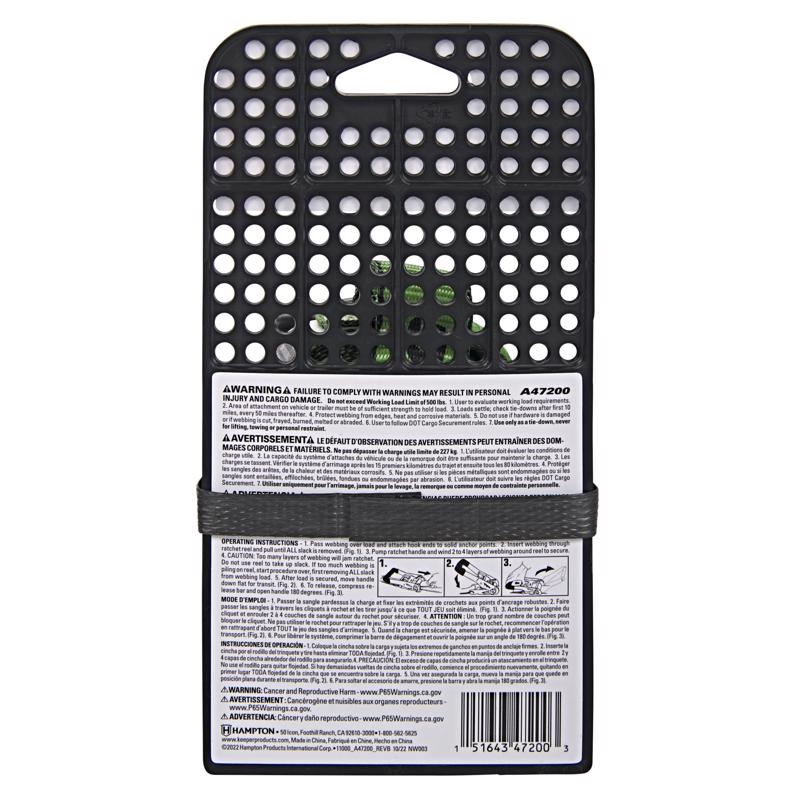 Keeper 1 in. W X 16 ft. L Green Ratchet Tie Down Strap 500 lb 1 pk