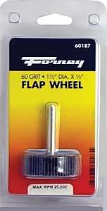 Forney 60187 Flap Wheel, Applicable Materials: Metal, Wood, 1-1/2 in Dia, 1/2 in Thick, 1/4 in Arbor
