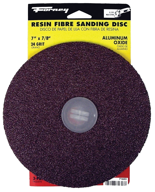 Forney 71653 Sanding Disc, 7 in Dia, 7/8 in Arbor, 24 Grit, Extra Coarse, Aluminum Oxide Abrasive, Fiber Backing