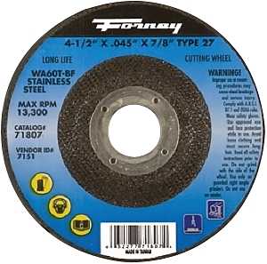 Forney 71807 Cut-Off Wheel, 4-1/2 in Dia, 0.045 in Thick, 7/8 in Arbor, 46 Grit, Aluminum Oxide Abrasive, Medium