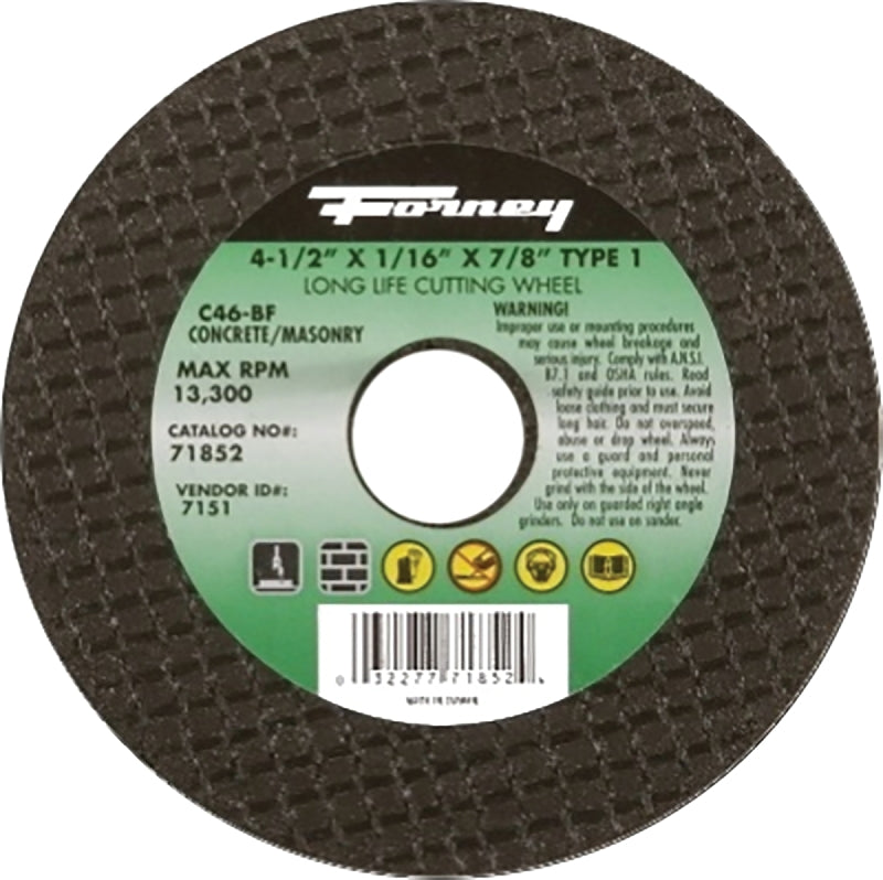 Forney 71852 Cut-Off Wheel, 4-1/2 in Dia, 1/16 in Thick, 7/8 in Arbor, 24 Grit, Coarse, Silicon Carbide Abrasive
