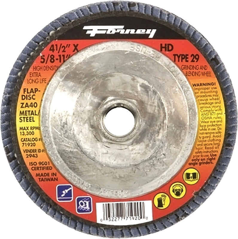 Forney 71920 Flap Disc, 4-1/2 in Dia, 5/8-11 Arbor, 40 Grit, Medium, Alumina Zirconium Abrasive, Fiberglass Backing