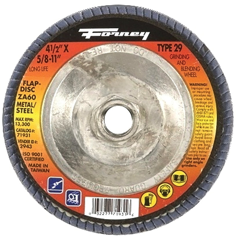 Forney 71931 Flap Disc, 4-1/2 in Dia, 5/8-11 Arbor, 60 Grit, Medium, Zirconia Aluminum Abrasive, Fiberglass Backing