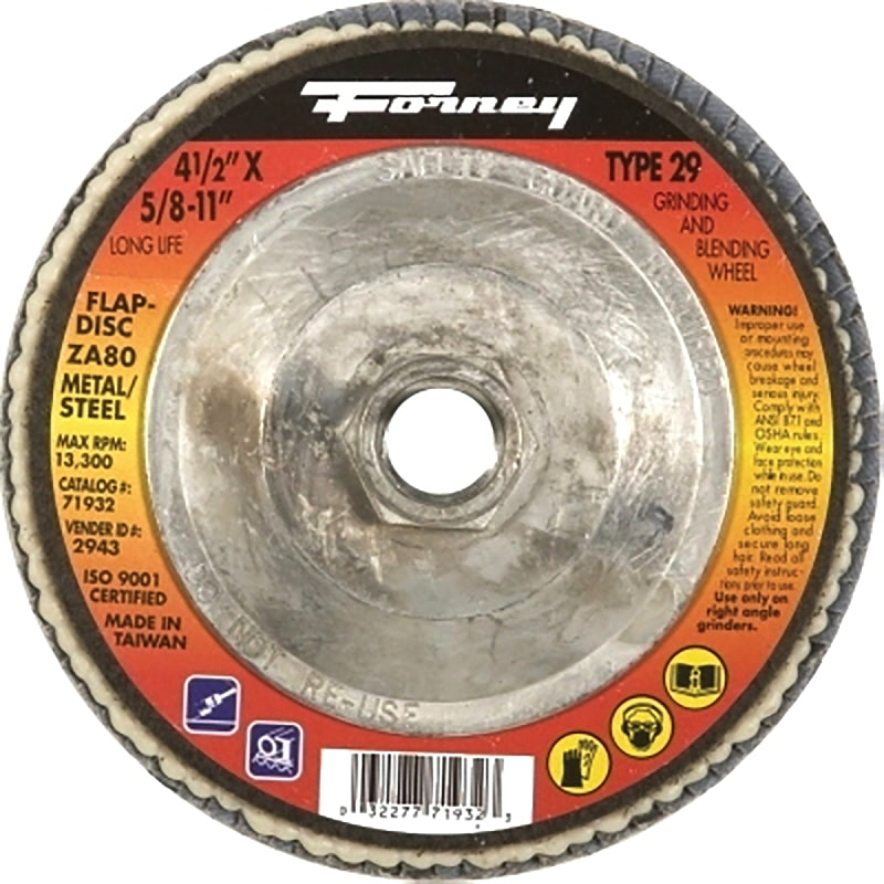 Forney 71932 Flap Disc, 4-1/2 in Dia, 5/8-11 Arbor, 80 Grit, Fine, Alumina Zirconium Abrasive, Fiberglass Backing