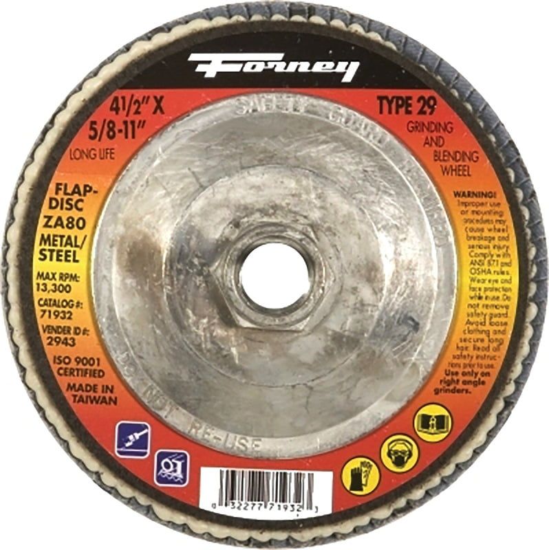 Forney 71933 Flap Disc, 4-1/2 in Dia, 5/8-11 Arbor, 120 Grit, Fine, Alumina Zirconium Abrasive, Fiberglass Backing