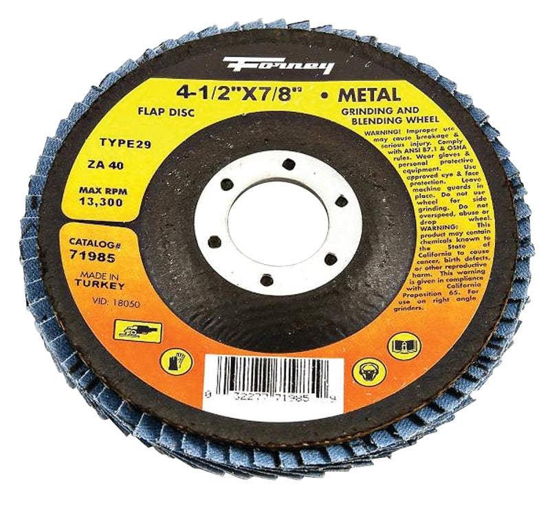 Forney 71985 Flap Disc, 4-1/2 in Dia, 7/8 in Arbor, 40 Grit, Medium, Zirconium Alumina Abrasive, Fiberglass Backing