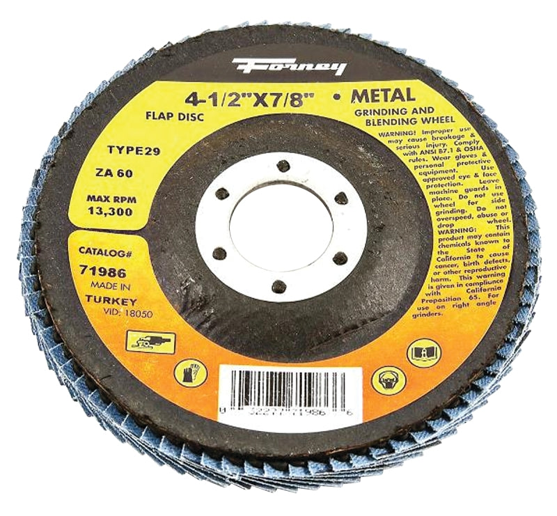 Forney 71986 Flap Disc, 4-1/2 in Dia, 7/8 in Arbor, 60 Grit, Medium, Zirconia Aluminum Abrasive, Fiberglass Backing