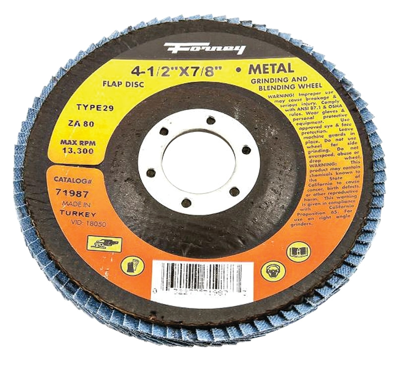 Forney 71987 Flap Disc, 4-1/2 in Dia, 7/8 in Arbor, 80 Grit, Fine, Zirconium Alumina Abrasive, Fiberglass Backing