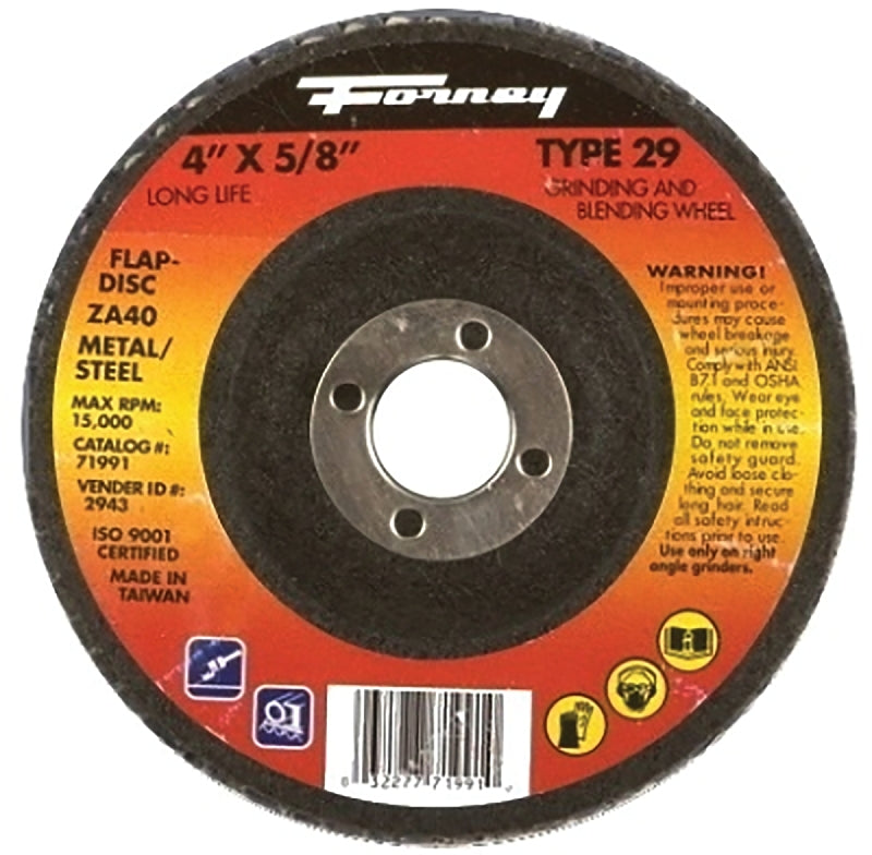 Forney 71991 Flap Disc, 4 in Dia, 5/8 in Arbor, 36 Grit, Medium, Zirconium Alumina Abrasive, Fiberglass Backing